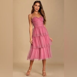 LULU’S SWEETHEART STYLE MAUVE POLKA DOT BUSTIER TIERED MIDI DRESS